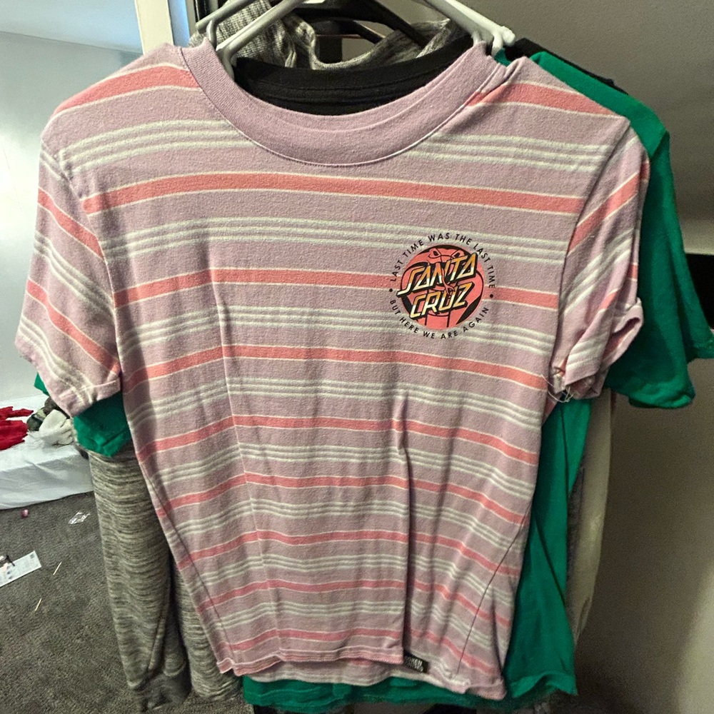 Santa Cruz Skateboards Kids Pink and White Striped Tee